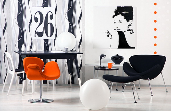 черно-белый интерьер с красным стулом черно-белый интерьер с красным стулом